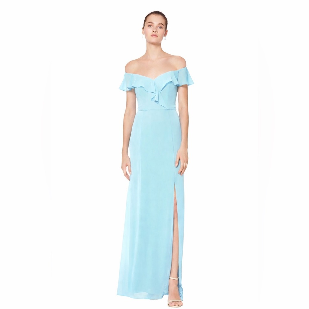 Bill Levkoff Dusty Blue Off-Shoulder Bridesmaid Dress Size 6 Chiffon Slit Gown